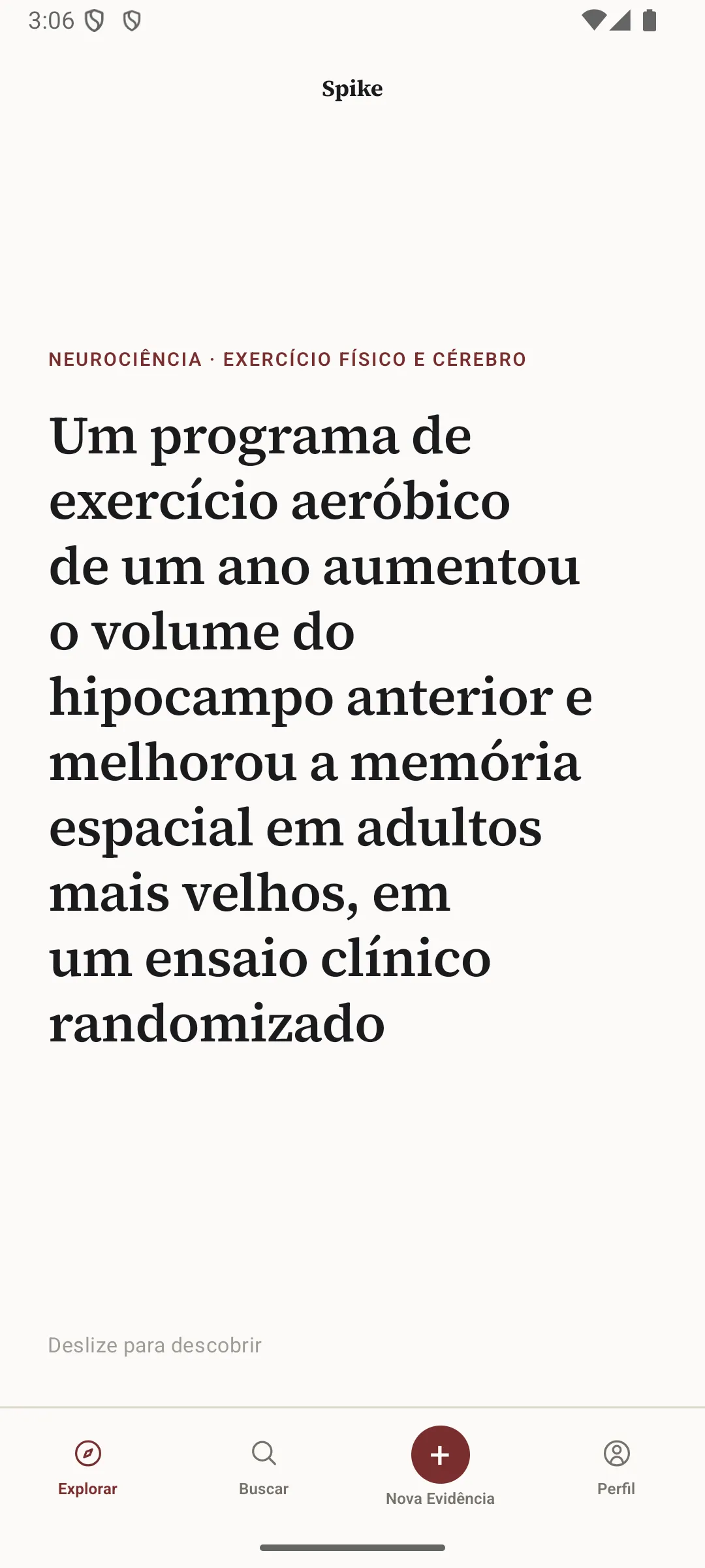 Tela Explorar do app SPIKE: um card com a área Neurociência e uma afirmação sobre exercício aeróbico e o volume do hipocampo.
