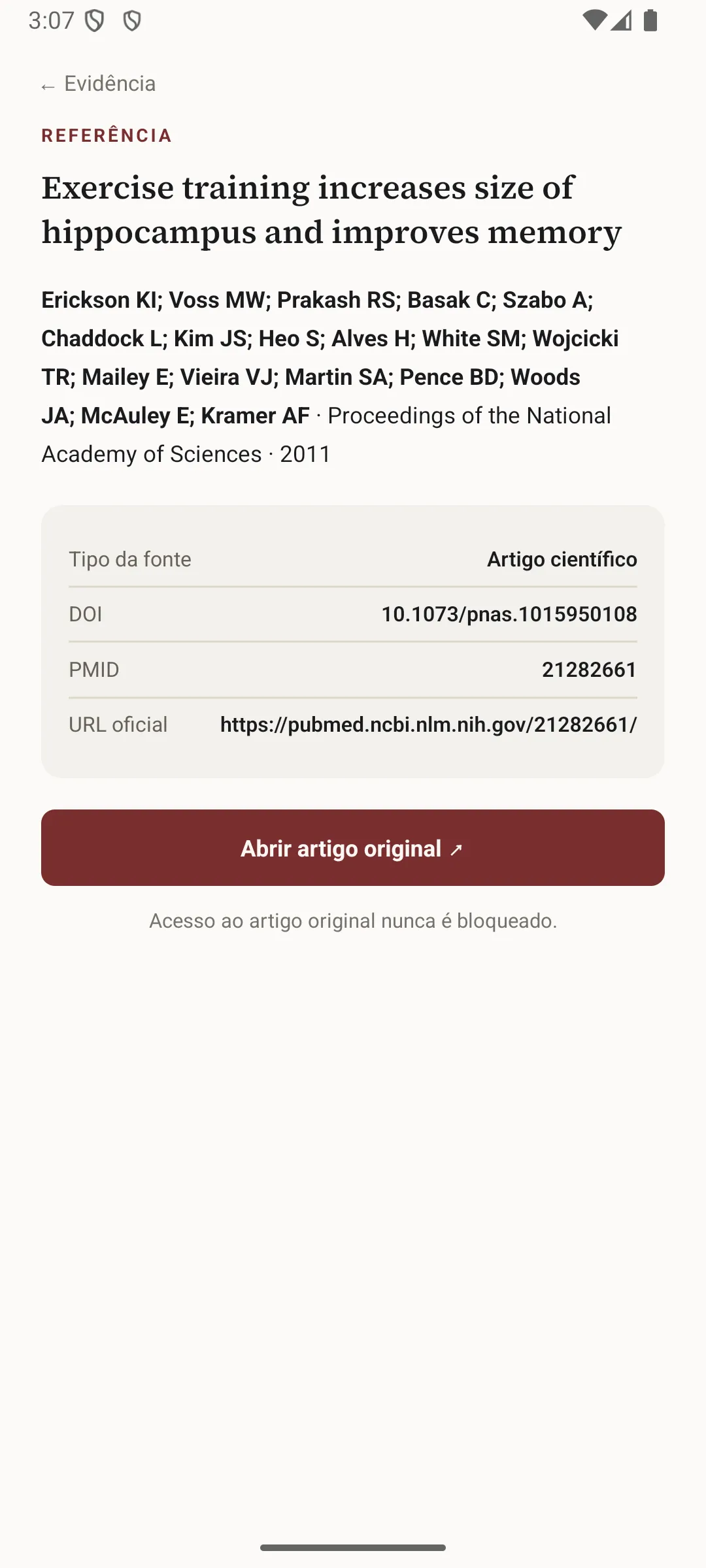 Tela Referência do app: título do artigo, autores, periódico, ano, DOI, PMID, URL oficial e o botão Abrir artigo original.